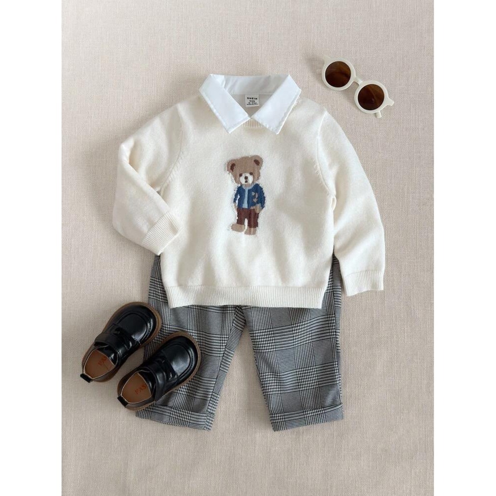 Bear Graphic Sweater Toddler Boys 2-3Y Cream Preppy Knit Top